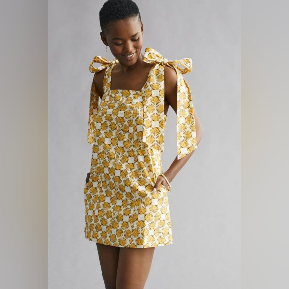 Anthropologie Yellow White Floral Tie-Shoulder Mini Dress